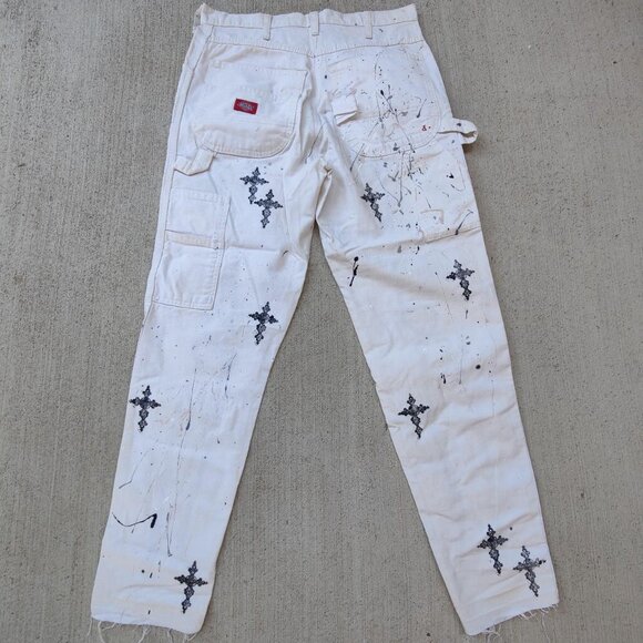 Custom reworked 'Dickies' skeleton white flared painter pants men's size 31 - Picture 2 of 5